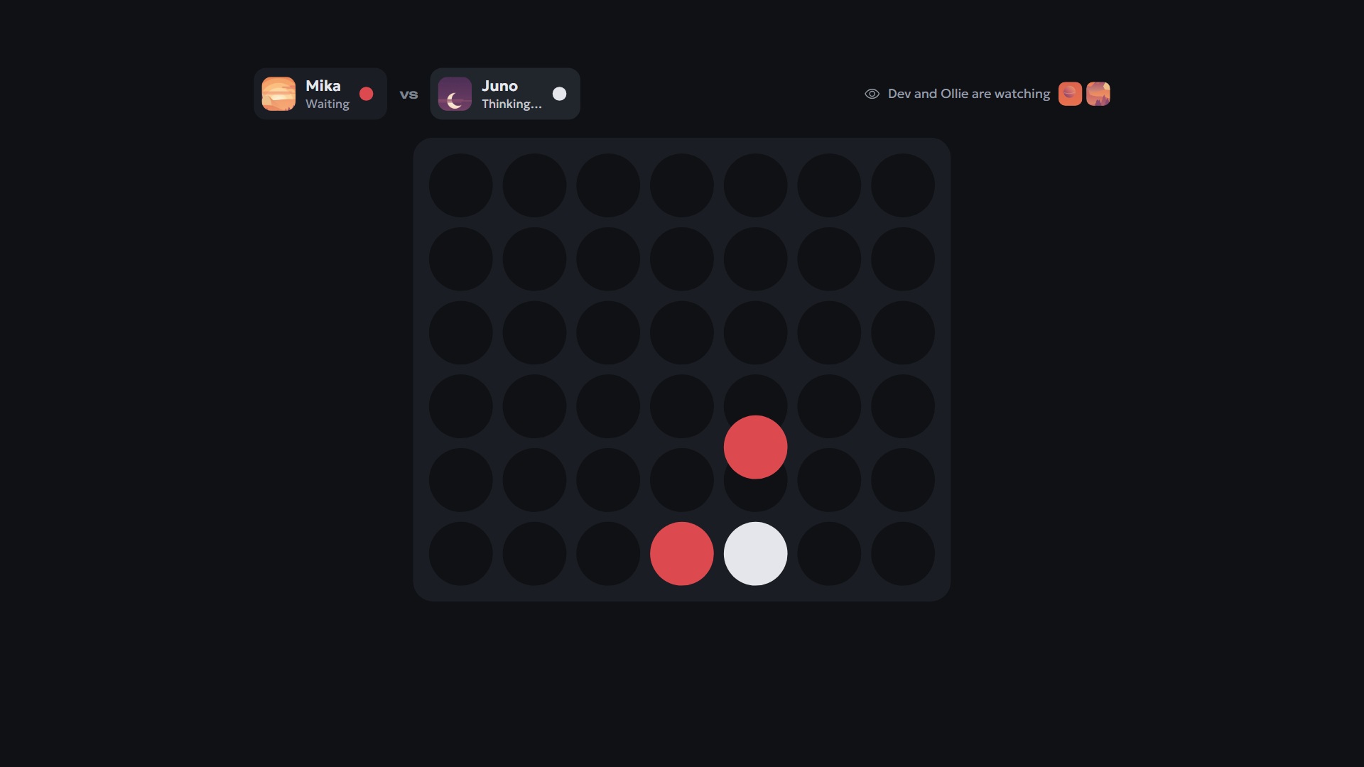 A game of Connect 4 between Mika and Juno, with two friends watching