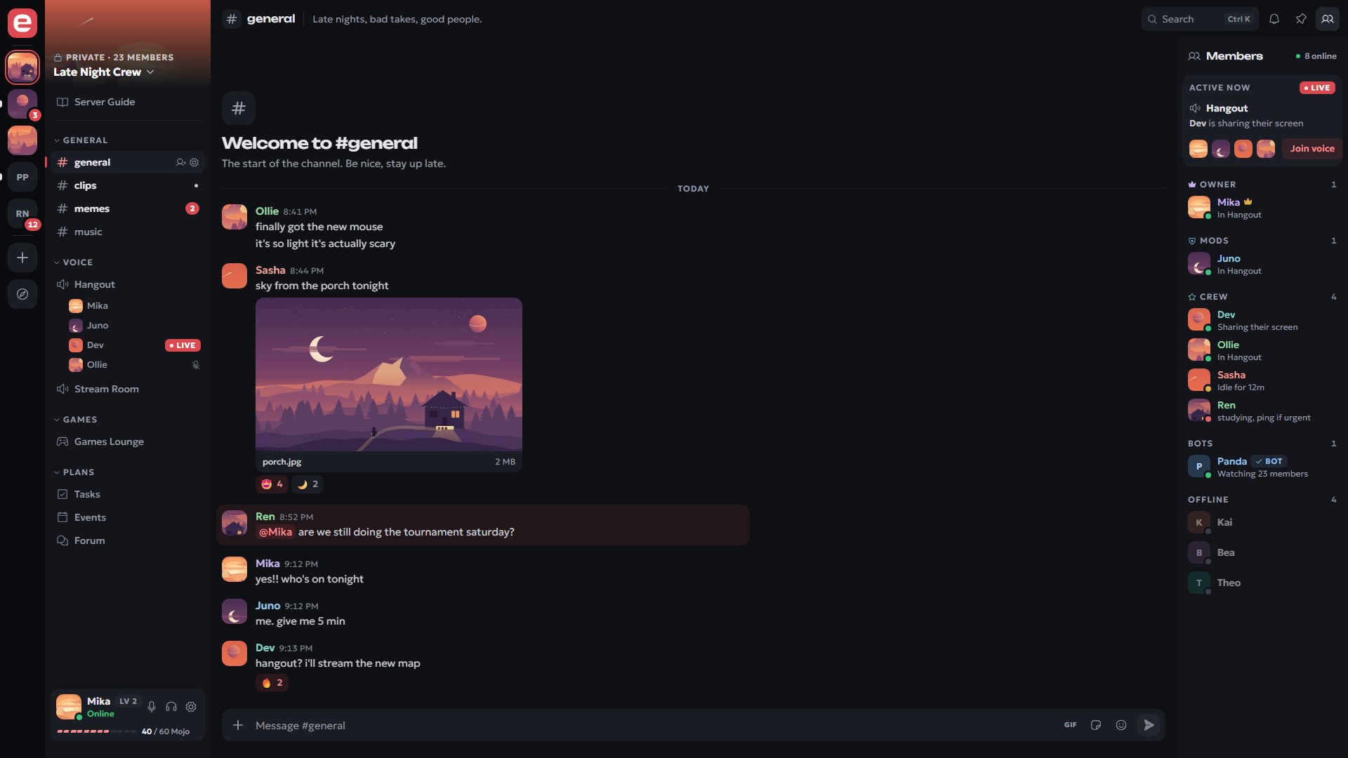 Echoed on desktop: the Late Night Crew server, its channels, a chat in #general and the member list with who's in voice