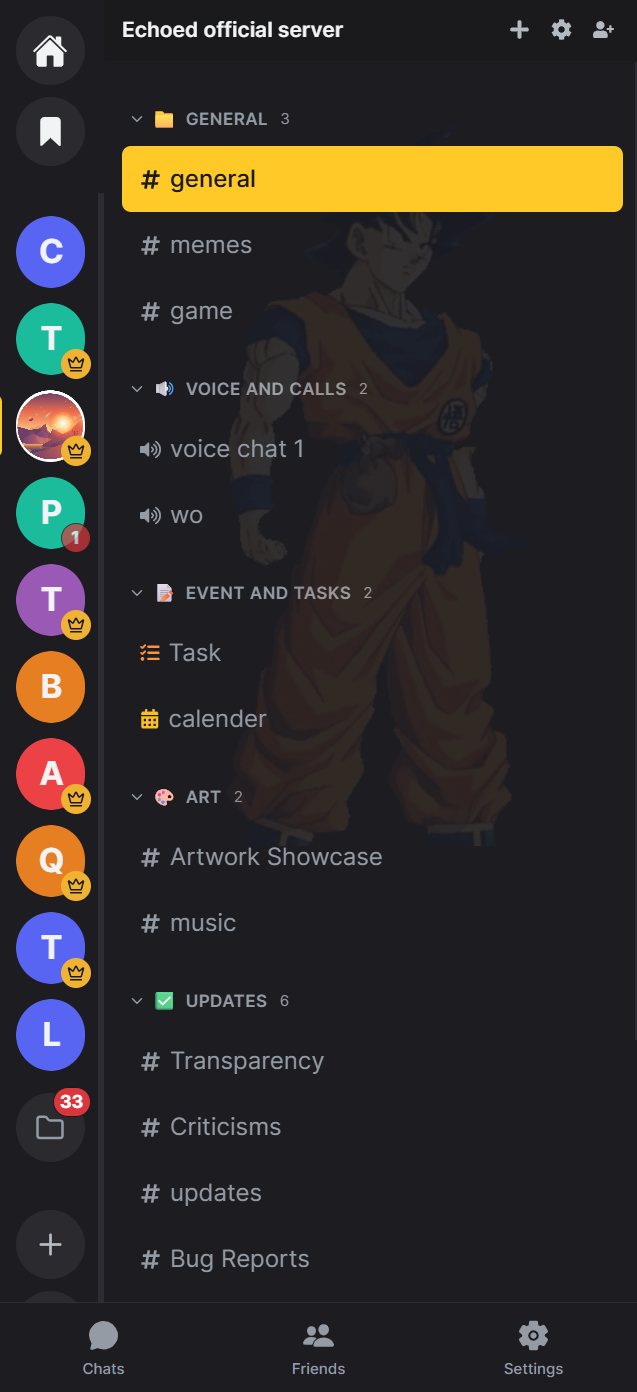 Echoed app — server channels, voice chat, task boards