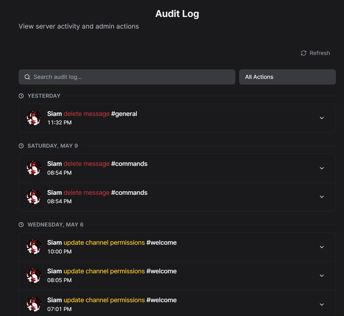 Audit log showing moderation actions