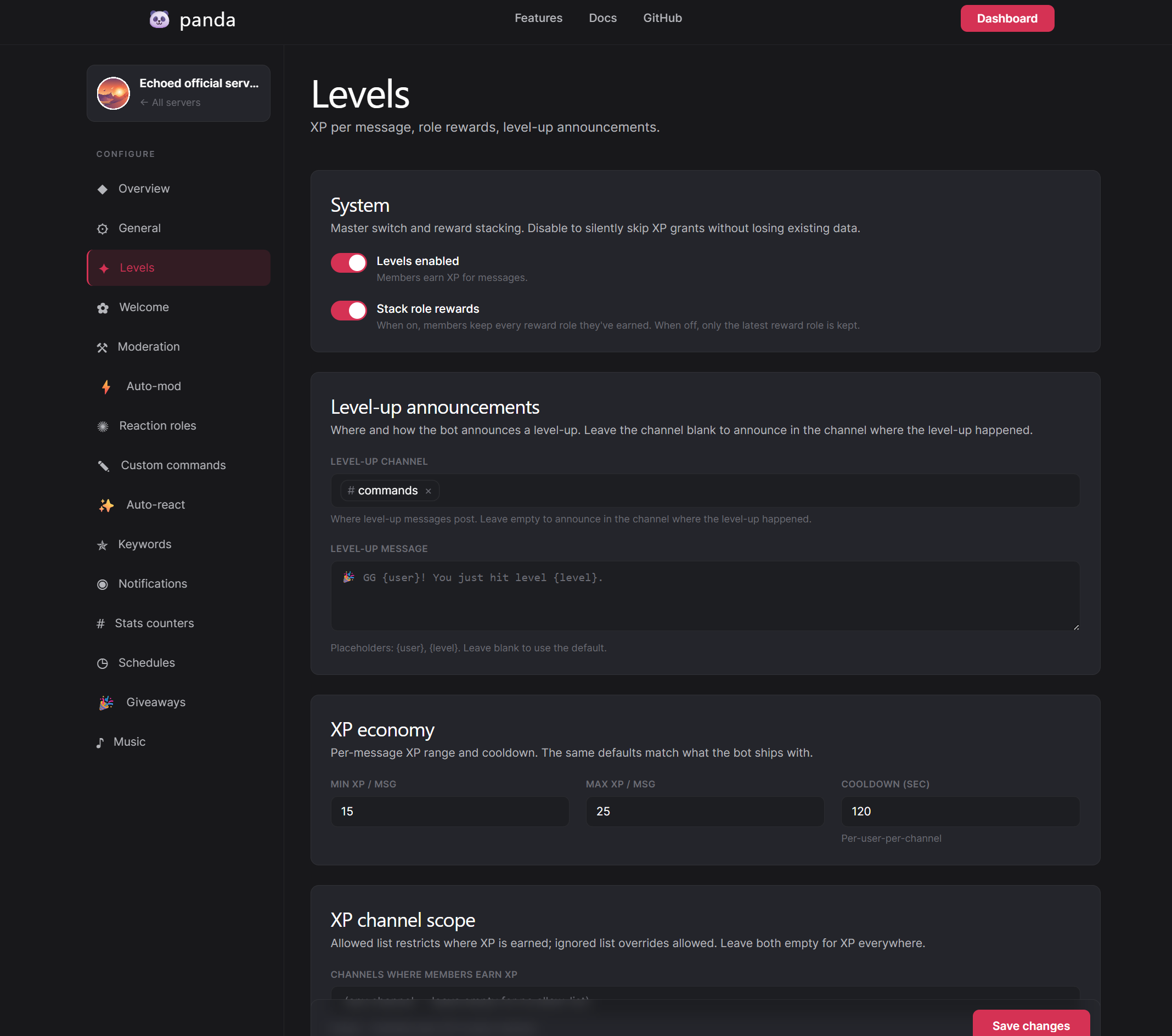 Panda bot dashboard — full configuration UI hosted by the bot itself