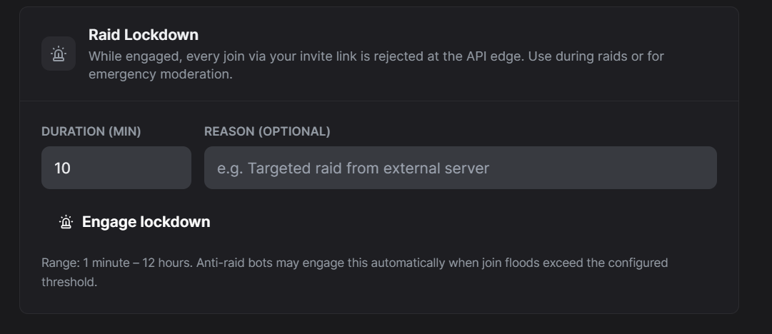Anti-raid lockdown panel and join queue