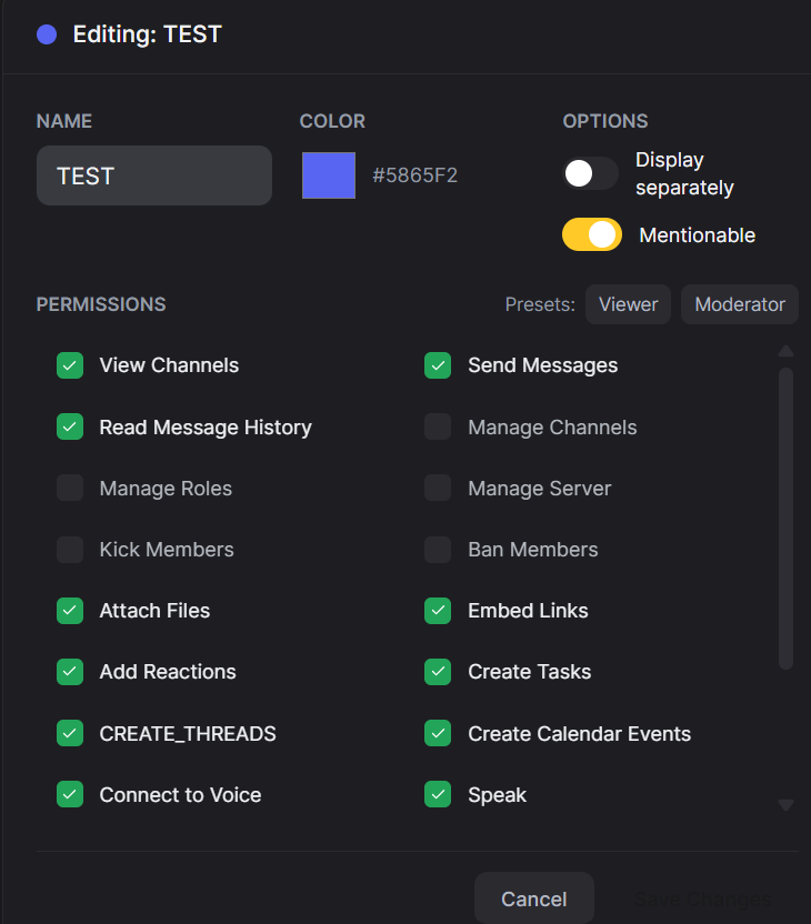 Roles list with permissions and colors