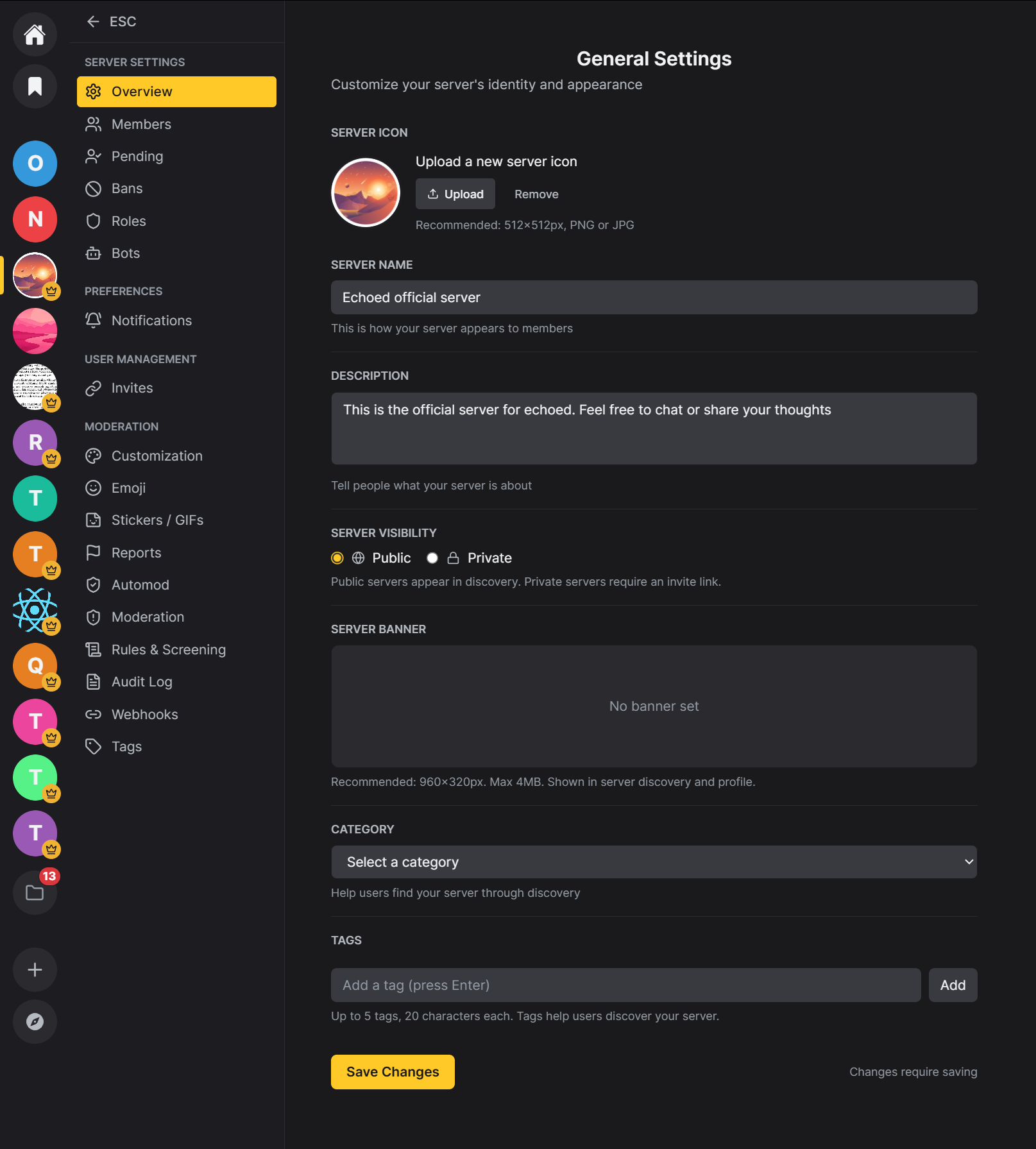 Server settings — General panel with name, description, banner, tags