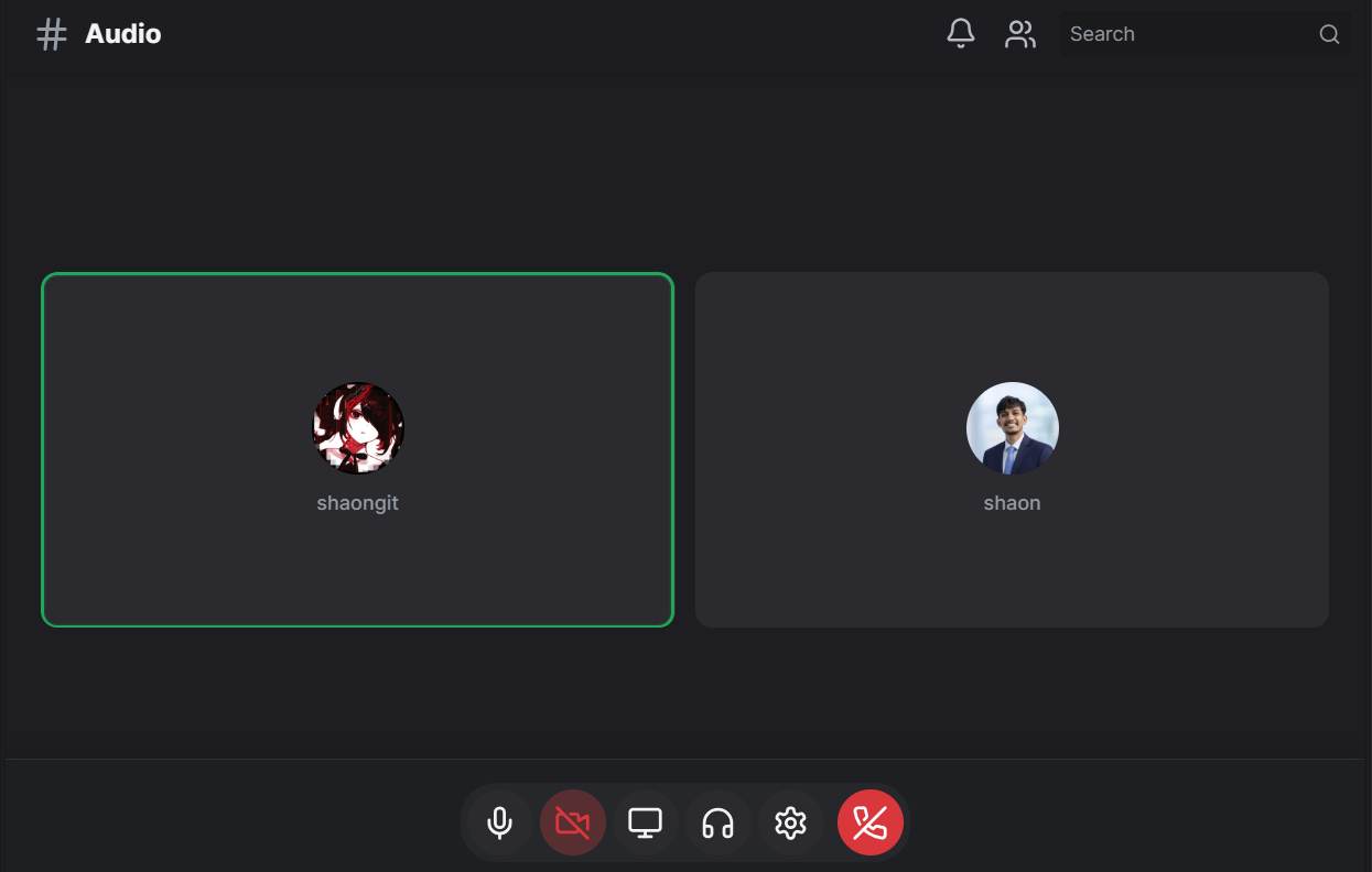 Voice channel — participants, audio controls, push-to-talk